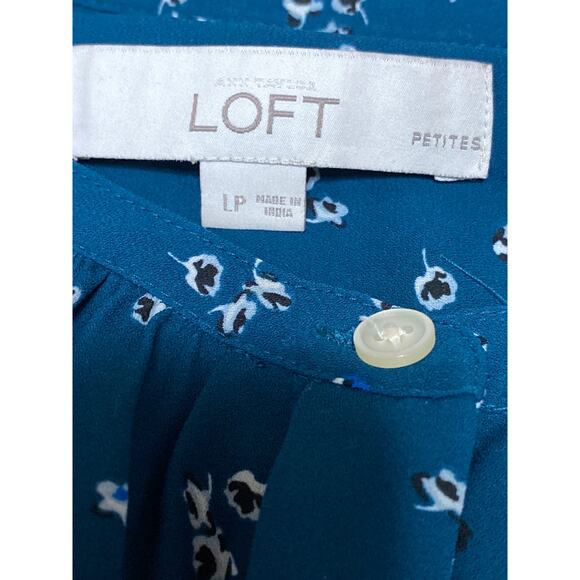 Ann Taylor LOFT Women's Teal Blue Floral Ruffle Sleeve Button Blouse Top Size LP - Picture 5 of 5